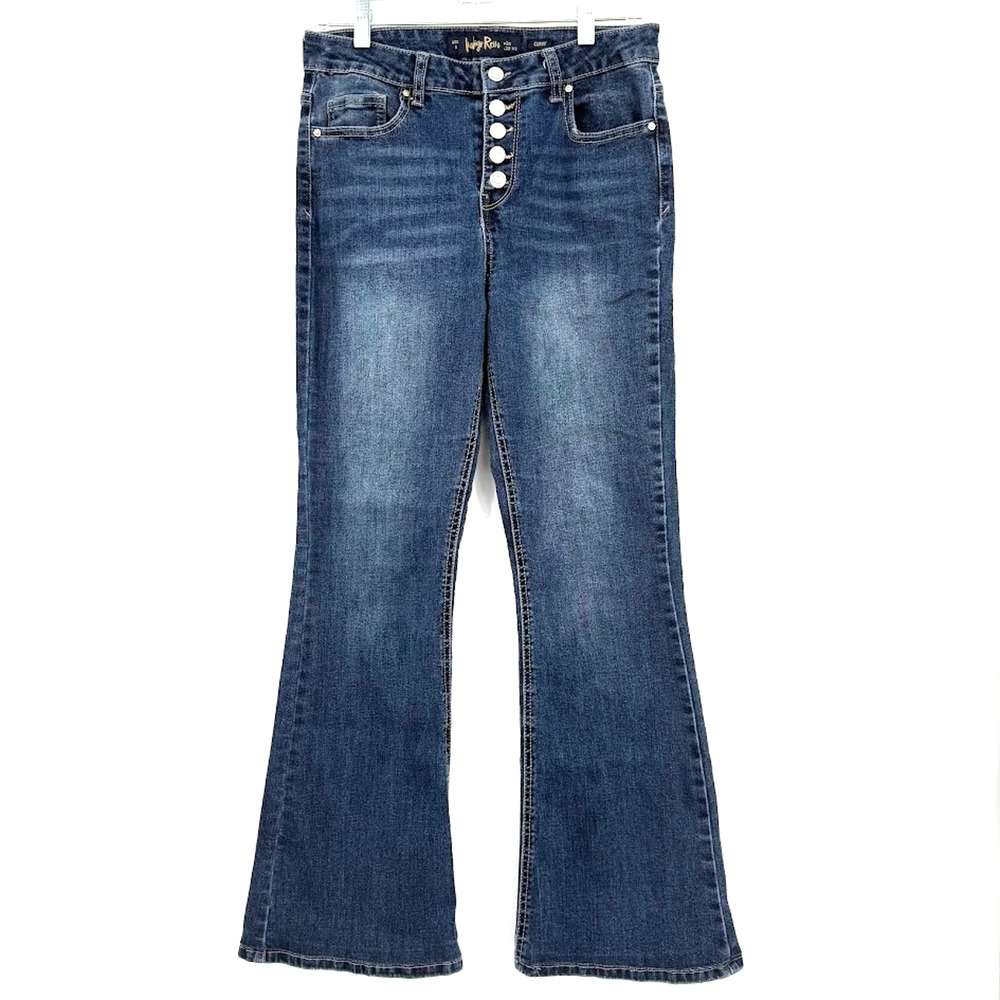 Indigo Rein Women's Jeans Dark Wash Flare Size 9 Stretch Distressed